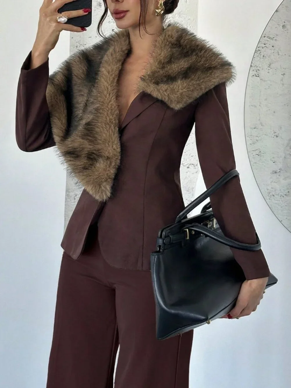 Brown Casual Women's Faux Fur Collar Waist Cinched Long blazer jacket